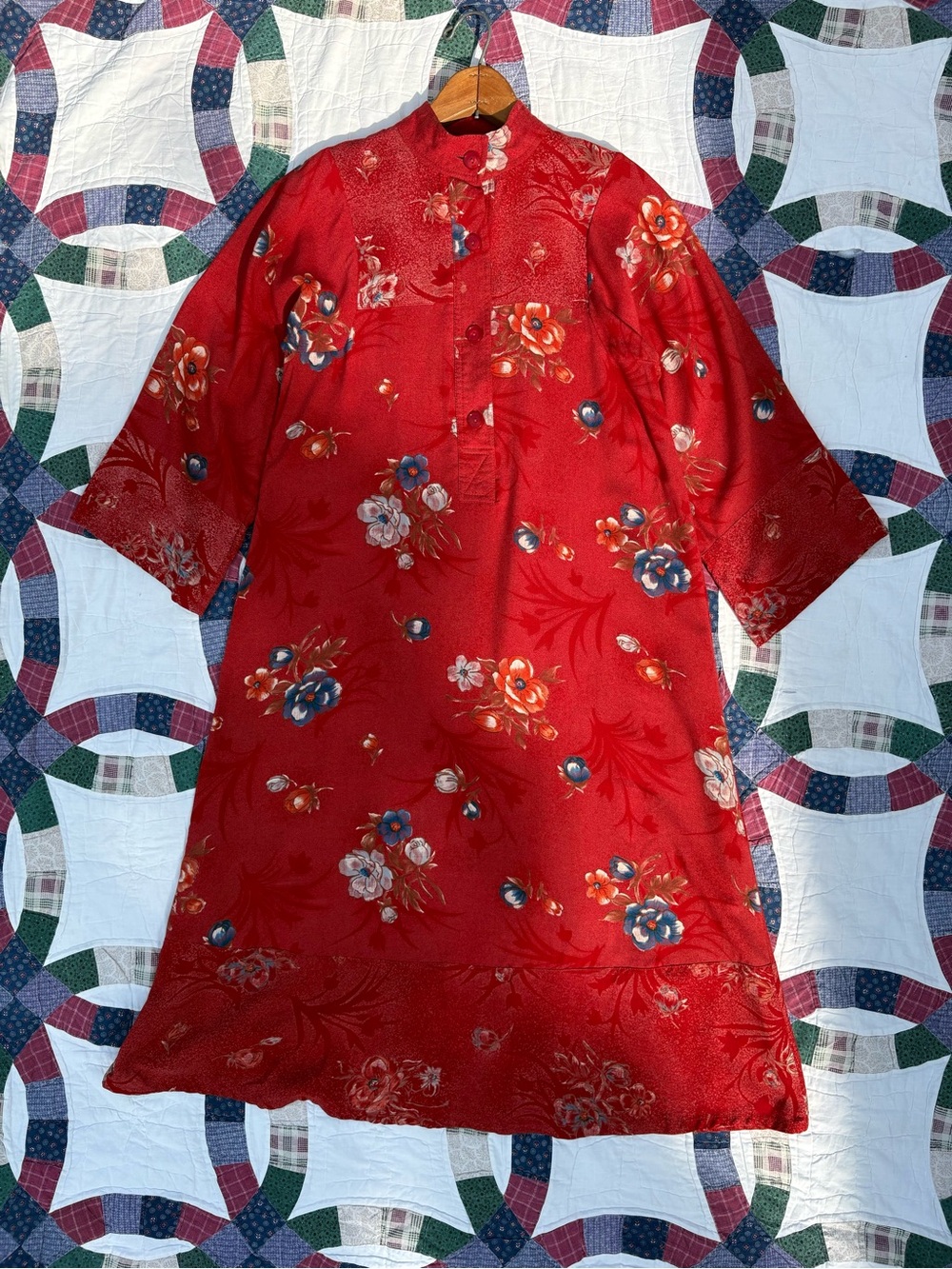 Vintage 70s Red Floral Asian Inspired Tunic Dress Small Rayon Flowy Cottagecore